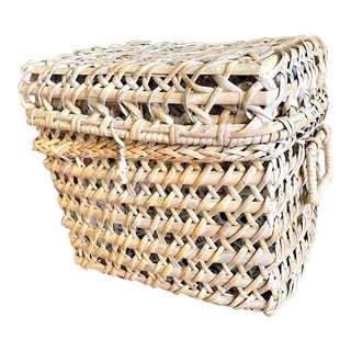 Whitewashed Woven Rattan Storage Basket With Attached Lid For Sale
