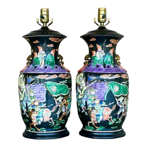 Vintage Asian Jewel Tone Chinoiserie Ceramic Lamps - a Pair