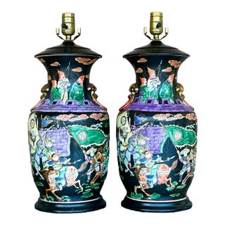 Vintage Chinoiserie Hand-Painted Ceramic Figural Table Lamps – A Pair For Sale