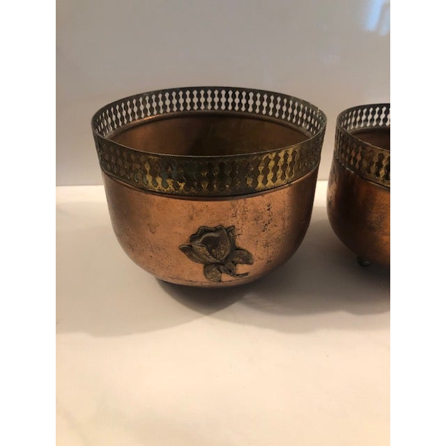 1940s Copper Brass Reticulated Footed Planters With Rose - A Pair For Sale - Image 4 of 18