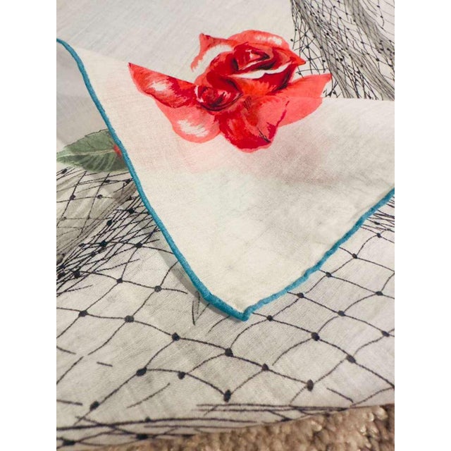 1940s Vintage 1940s French Rose Scarf Cotton Floral Handkerchief Hand Rolled Turquoise Edge Floral Illustration Romantic Accessories For Sale - Image 5 of 9