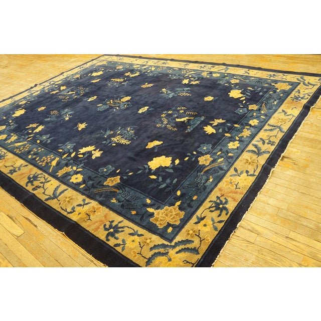 Navy Blue 1920s Blue Navy Floral Deco Antique Chinese Peking Rug Handknotted Wool For Sale - Image 8 of 11