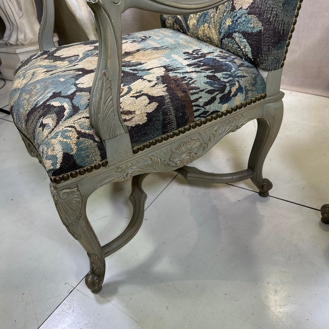 Robin's Egg Blue Vintage Pair of Aubusson Needle Point French Style Arm Chairs in Painted Walnut Frames For Sale - Image 8 of 12