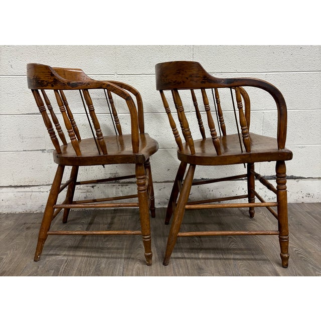 Wood Antique 19th Century Primitive Oak Barrel Back Pub Chairs Captain’s Arm Chairs For Sale - Image 7 of 11
