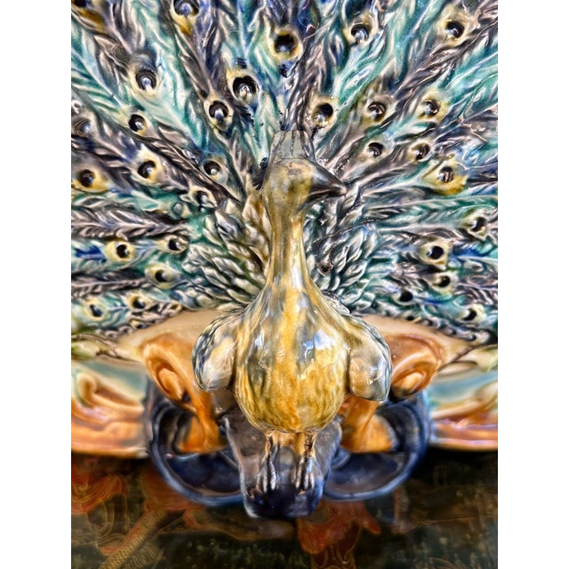 Antique French Majolica Jardinière Planter Peacock Onnaing Large Cache Pot C1880 For Sale - Image 11 of 18