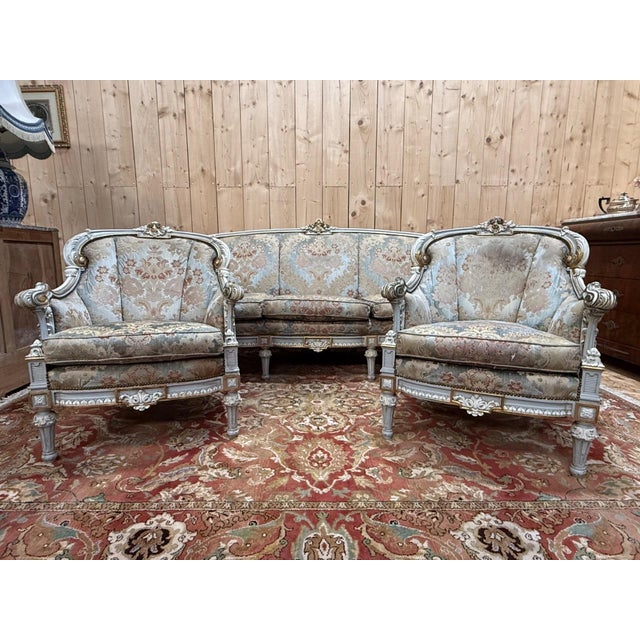 Louis XV Style Living Room Set in Painted Wood, 1950s, Set of 3 For Sale - Image 6 of 11