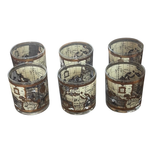 1960s Cera 22k Gold Old World Map Lowball Glasses - Set of 6 For Sale
