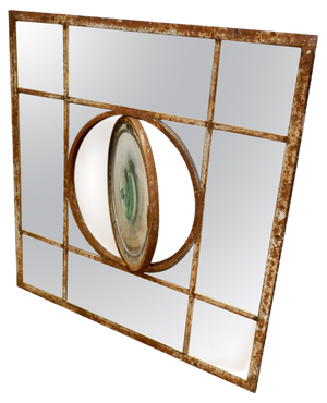 Large 19th Century Industrial Window Mirror with Central Leaded Bottle Glass, 1860s