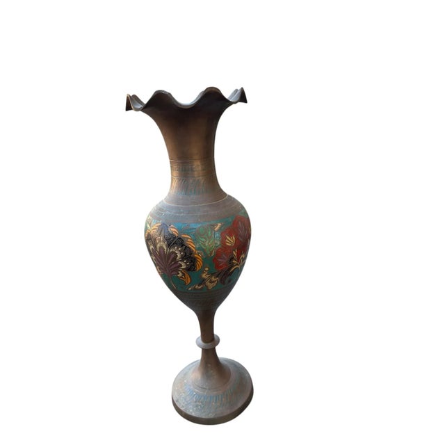 Metal 1960s Brass Engraved Painted Vase Scalloped Edge (M) For Sale - Image 7 of 8
