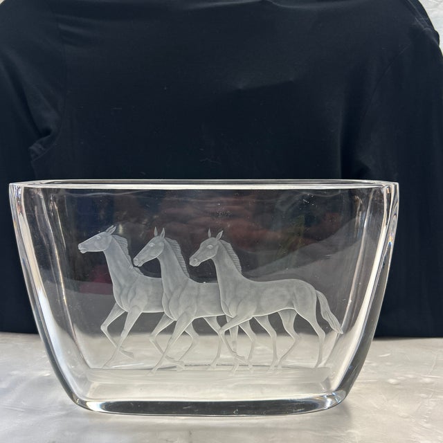 Etched crystal vase with 3 prancing/ galloping horses. Very pretty and signed by an Orrefors artisan.