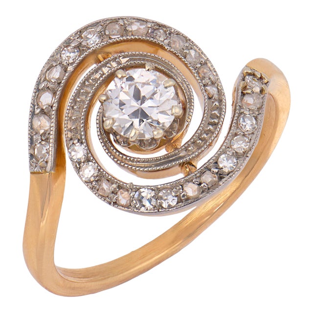 1910s Edwardian Diamond Two Tone 18k Gold Swirl Ring, Size 5 For Sale