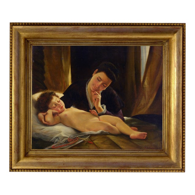 Nicola De Marco, Mother with a Sleeping Child, Oil on Canvas, Framed For Sale