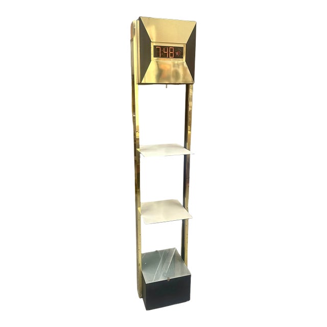 Vintage Postmodern Brass Tower Floor Clock With Shelves | 1970s Digital Grandfather Clock For Sale
