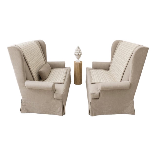 Pair of Gregorius Pineo High Back Loveseats in Oatmeal Linen For Sale