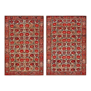 1930s Pair Ivory Red Floral Antique Persian Bakhtiari Rugs 4'5" X 6'7" Handknotted Wool Carpets For Sale