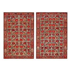 1930s Pair Ivory Red Floral Antique Persian Bakhtiari Rugs 4'5" X 6'7" Handknotted Wool Carpets