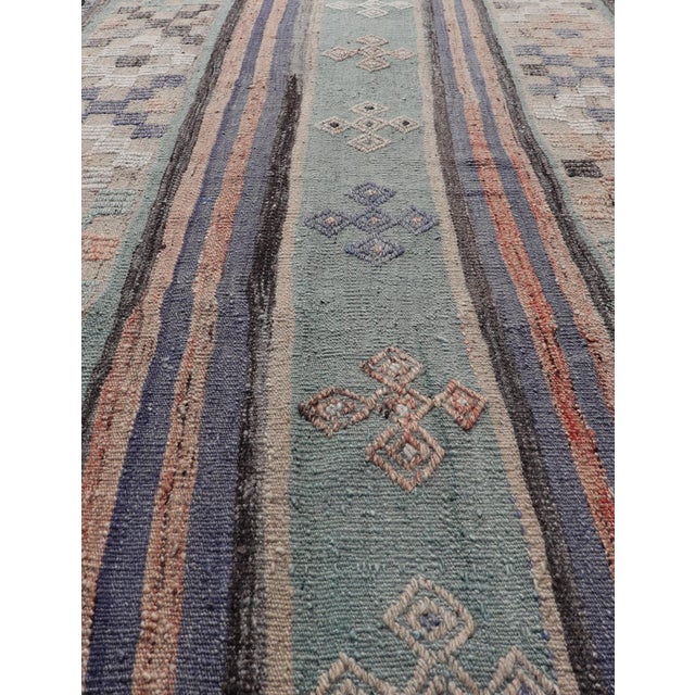Peach Stripe Design Turkish Vintage Flat-Weave Rug in Light Green, Purple, and Peach For Sale - Image 8 of 11