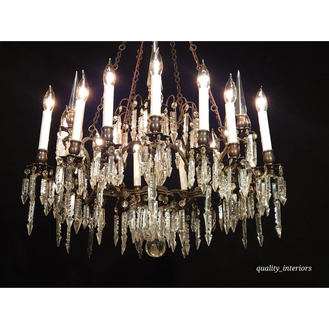 Vintage 5 Arm 15 Lite Bronze & Serrated Edge & Spires Lead Crystal Chandelier For Sale - Image 11 of 12