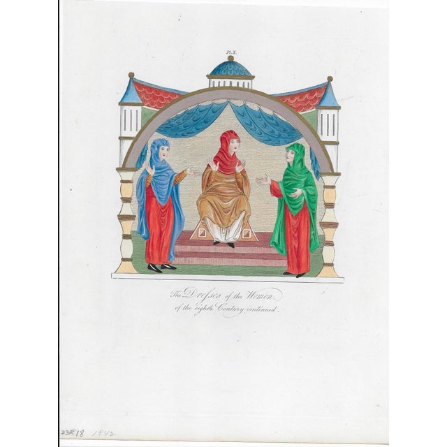 English 1842 English Dress of the Women of the Eight Century Hand Colored Engraving For Sale - Image 3 of 3