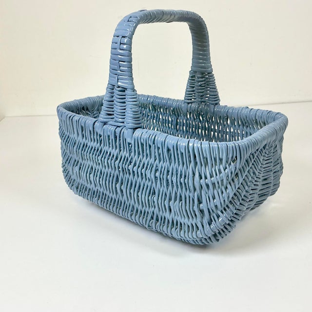 Mid-Century Boho Chic Coastal French Blue Wicker Tabletop Basket For Sale - Image 4 of 10