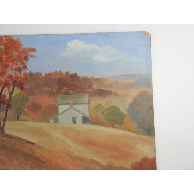Vintage mid 20th century oil on artist board autumn farmhouse landscape painting. Unsigned. Unframed, edge wear.