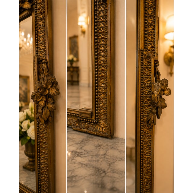 19th Century French Louis XVI Style Carved Giltwood Mirror With Floral Crest For Sale - Image 4 of 5