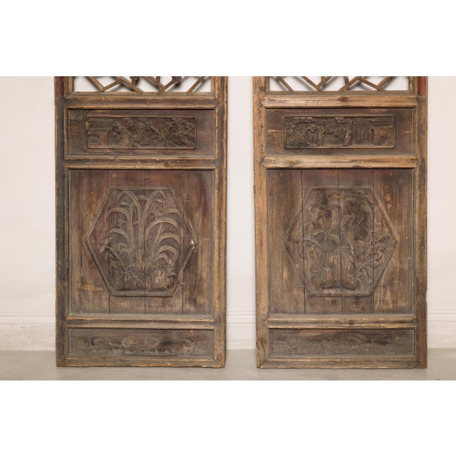 Wood Pair of Chinese Hand-Carved Lattice Architectural Panels, circa 1900 For Sale - Image 7 of 18