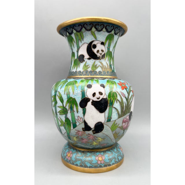 20th Century Chinese Cloisonné Panda & Bamboo Urn Vase – Chinoiserie / Asian For Sale - Image 9 of 16