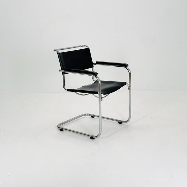 Bauhaus Black Leather Iconic Armchair by Mart Stam for Thonet, 1980s For Sale - Image 11 of 11