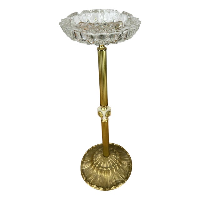 Vintage French Ashtray Stand in Brass and Onyx Crystal For Sale