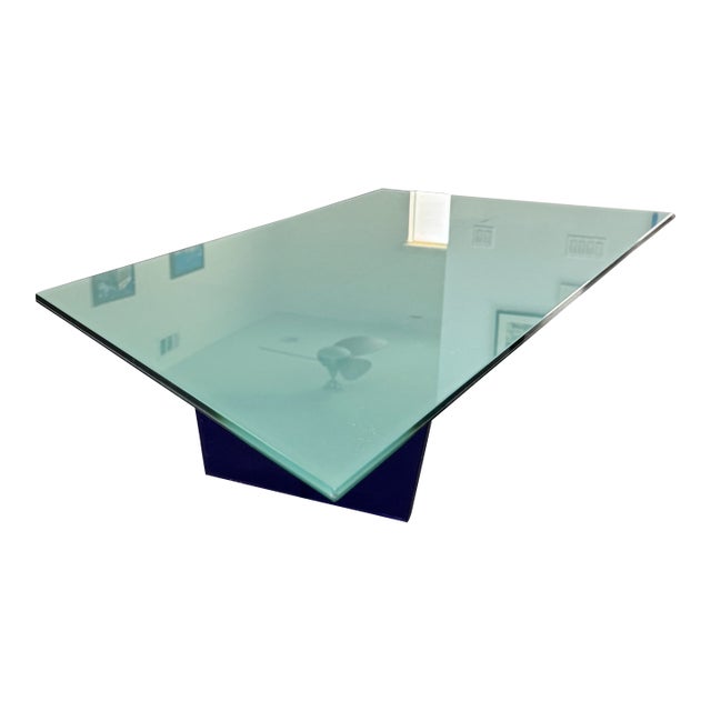 1990s Large Asymmetrical Sculptural Glass Coffee Table With Cobalt Blue Pedestal Base For Sale