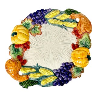 1993 Vintage Majolica Arts & Crafts Americana Boho Chic Fitz & Floyd Fall Harvest Platter For Sale