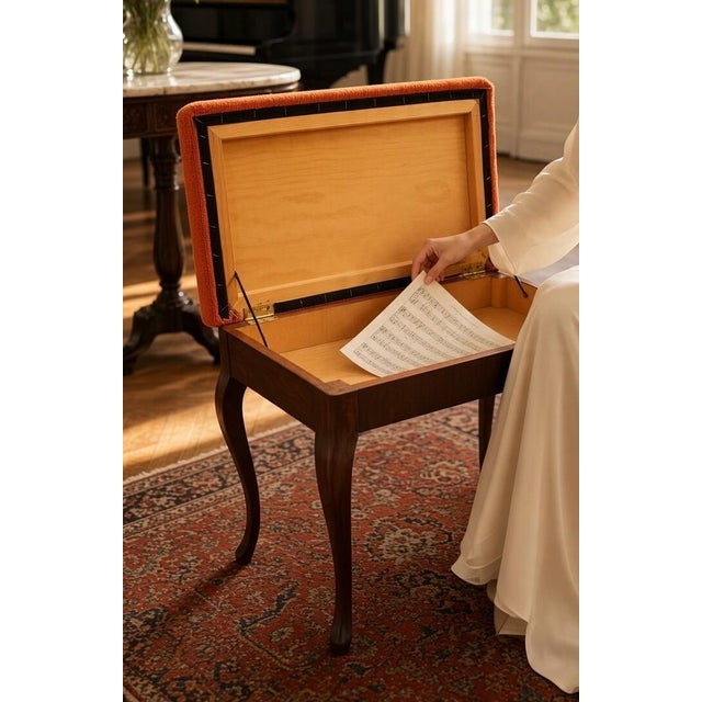 1960s Mahogany Piano Stool in Orange Corduroy with Storage, 1950s For Sale - Image 5 of 10