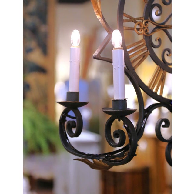 Early 20th C. French Green Painted and Gilt Wrought Iron Clock Face Chandelier For Sale - Image 11 of 13