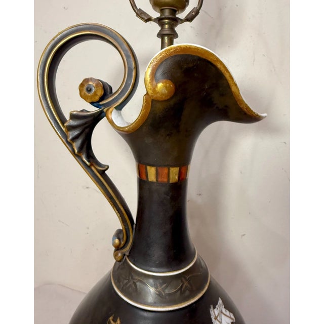 Large Antique Hand Painted Bristol Glass Grecian Greece Ewer Electric Table Lamp For Sale - Image 9 of 14