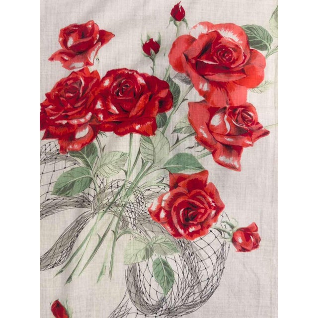 Vintage 1940s French Rose Scarf Cotton Floral Handkerchief Hand Rolled Turquoise Edge Floral Illustration Romantic Accessories For Sale - Image 4 of 9