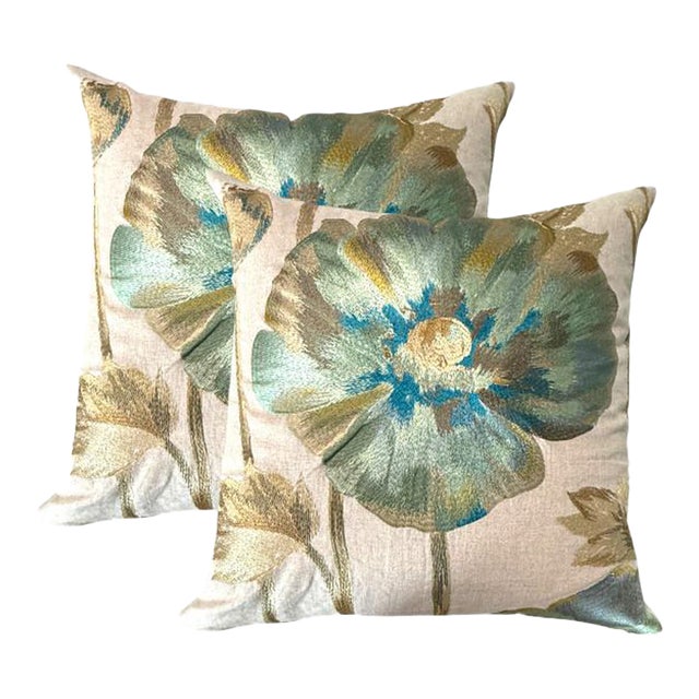 "Opium" Embroidered Linen Pillows – Azure For Sale