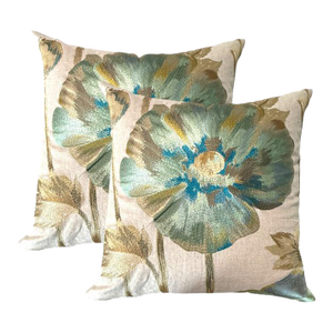"Opium" Embroidered Linen Pillows – Azure