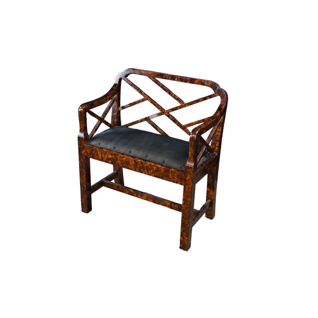 Chinoiserie Vintage Chinese Chippendale Faux Tortoise Shell Pierced Trellis Bench Arm Chair For Sale - Image 3 of 18