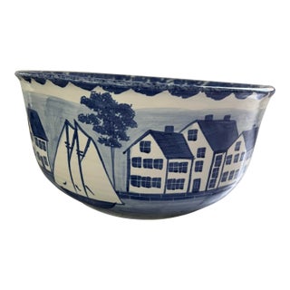 Shard of Maine “Coastal Village” Blue and White Spongeware and Nautical Serving Bowl For Sale