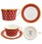A striking set of four Noritake Crochet bone china tea cups with matching saucers. Featuring a rich crimson-red geometric...