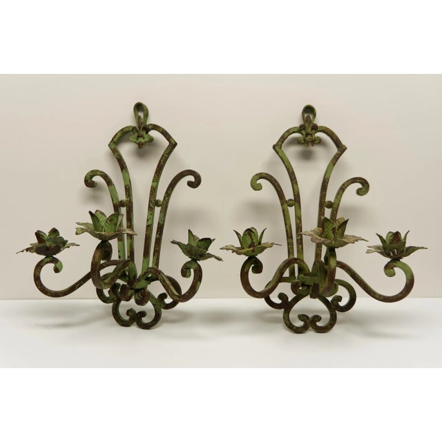 Metal Verdigris Wrought Iron Wall Sconce Candle Holders a Pair For Sale - Image 7 of 9