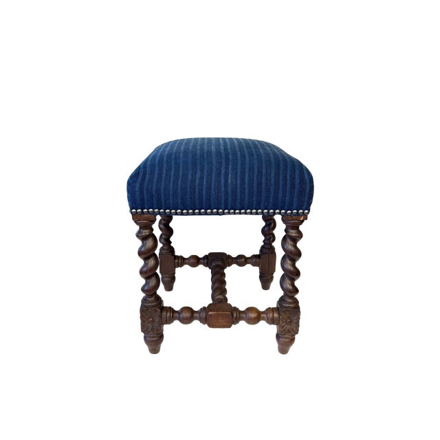 French Antique Louis XIII French Baroque Stool W/Indigo Upholstery For Sale - Image 3 of 9