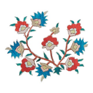 Antique Embroidered Floral Red and Blue Applique Textile For Sale