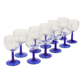 Arcoroc Wine Glasses with Cobalt Blue Base, 1980s, Set of 11 For Sale
