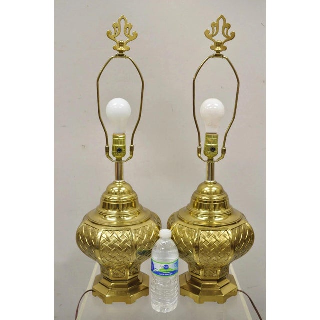 Vintage Hollywood Regency Brass Woven Basket Basketweave Table Lamps - a Pair. Item features ornate finials, basketweave...
