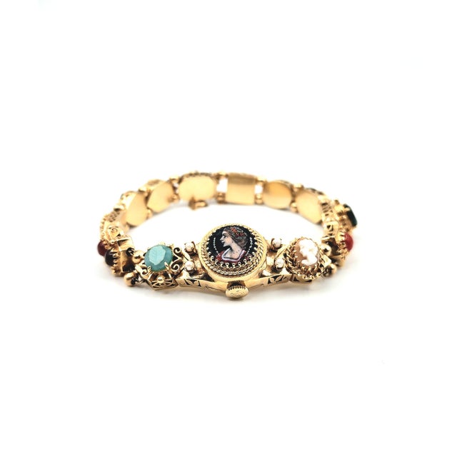 1950s 14k Yellow Gold Slide Charm Omega Gemstone Bracelet Watch For Sale - Image 16 of 16