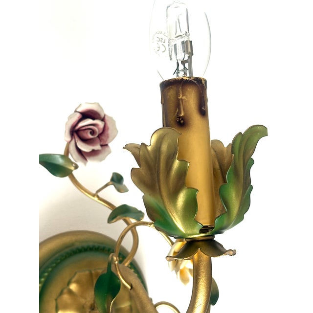 Vintage Italian Metal and Porcelain Rose Wall Lamps from Unbekannt, 1950s, Set of 2 For Sale - Image 9 of 9