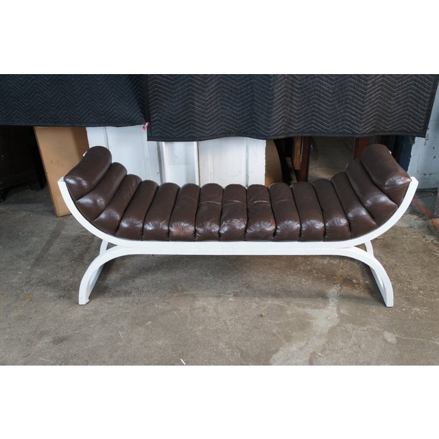 1980s Attribtued to Jay Spectre for Century Furniture Brown Leather White Bentwood "Eclipse" Bench For Sale - Image 10 of 10