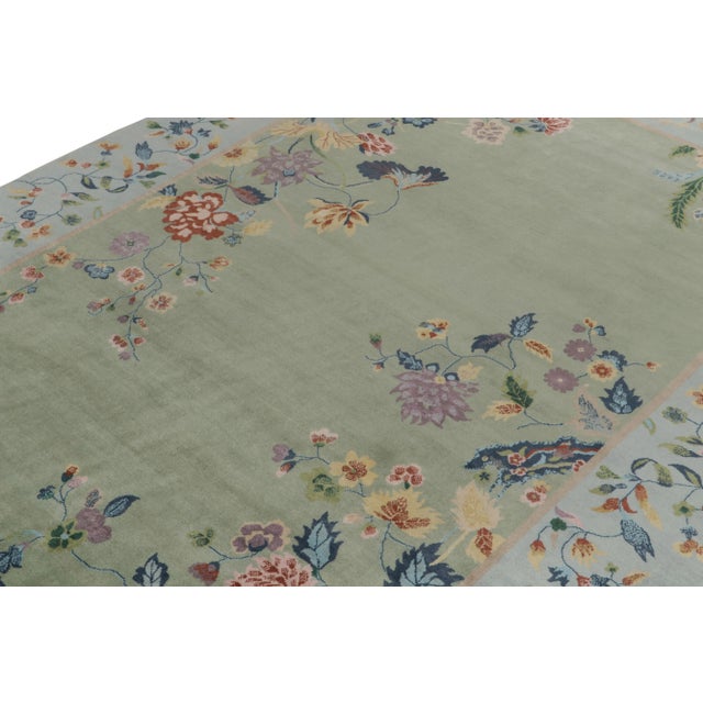Rug & Kilim Rug & Kilim Chinese Style Art Deco Rug in Green with Blue Border & Floral Patterns - 12'x14' For Sale - Image 4 of 8